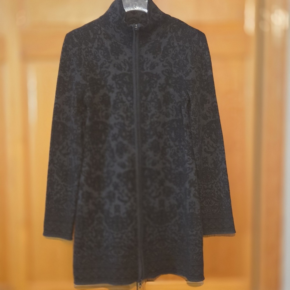 Skyr Black Jacquard Long Full Zip‎ Up Cardigan Sweater Size M Cotton Blend